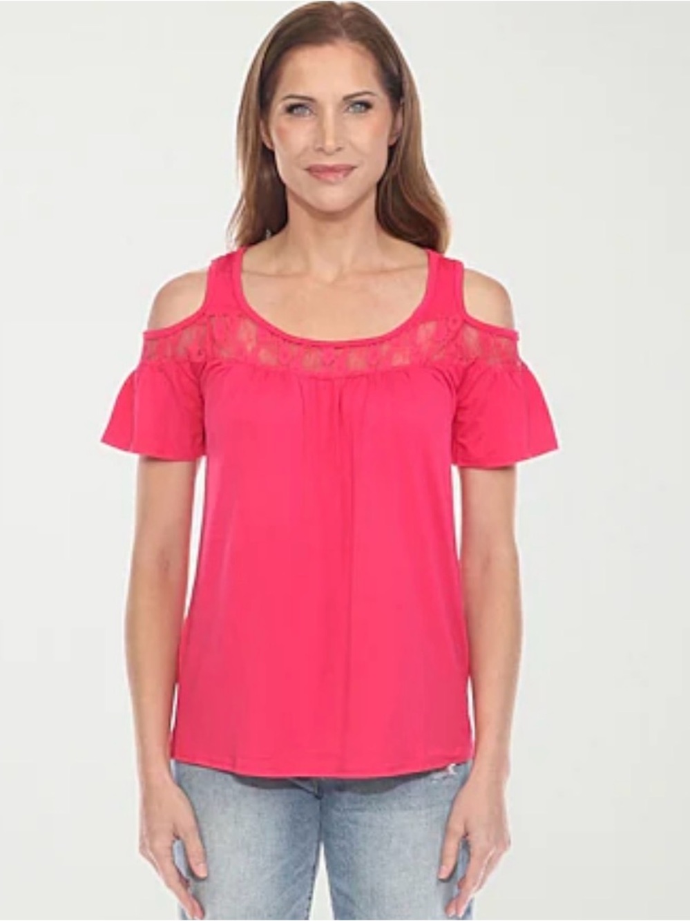 🩷 NEW Park 80  Cold-Shoulder Lace Yoke Top - Hot Pink
